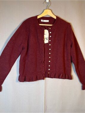Zara Women's Burgundy Round Neck Ruffle Trim Soft Knit Button Cardigan NWT